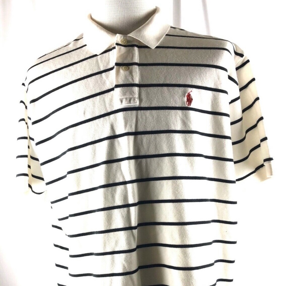 RL Men Short Sleeve Polo Shirt XL Off White Strips